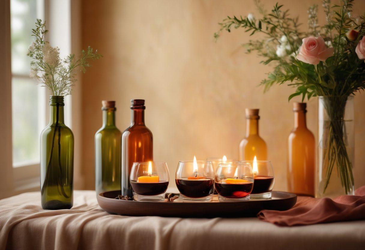 A serene, calming scene featuring bottles of aromatic essential oils alongside elegantly poured glasses of fragrant wine. The background showcases soft candlelight and lush greenery, evoking a sense of relaxation and tranquility. Gentle steam rises from a diffuser, while delicate floral elements intertwine with the wine glasses, symbolizing harmony. The warm color palette enhances the soothing atmosphere. super-realistic. vibrant colors. soft focus.