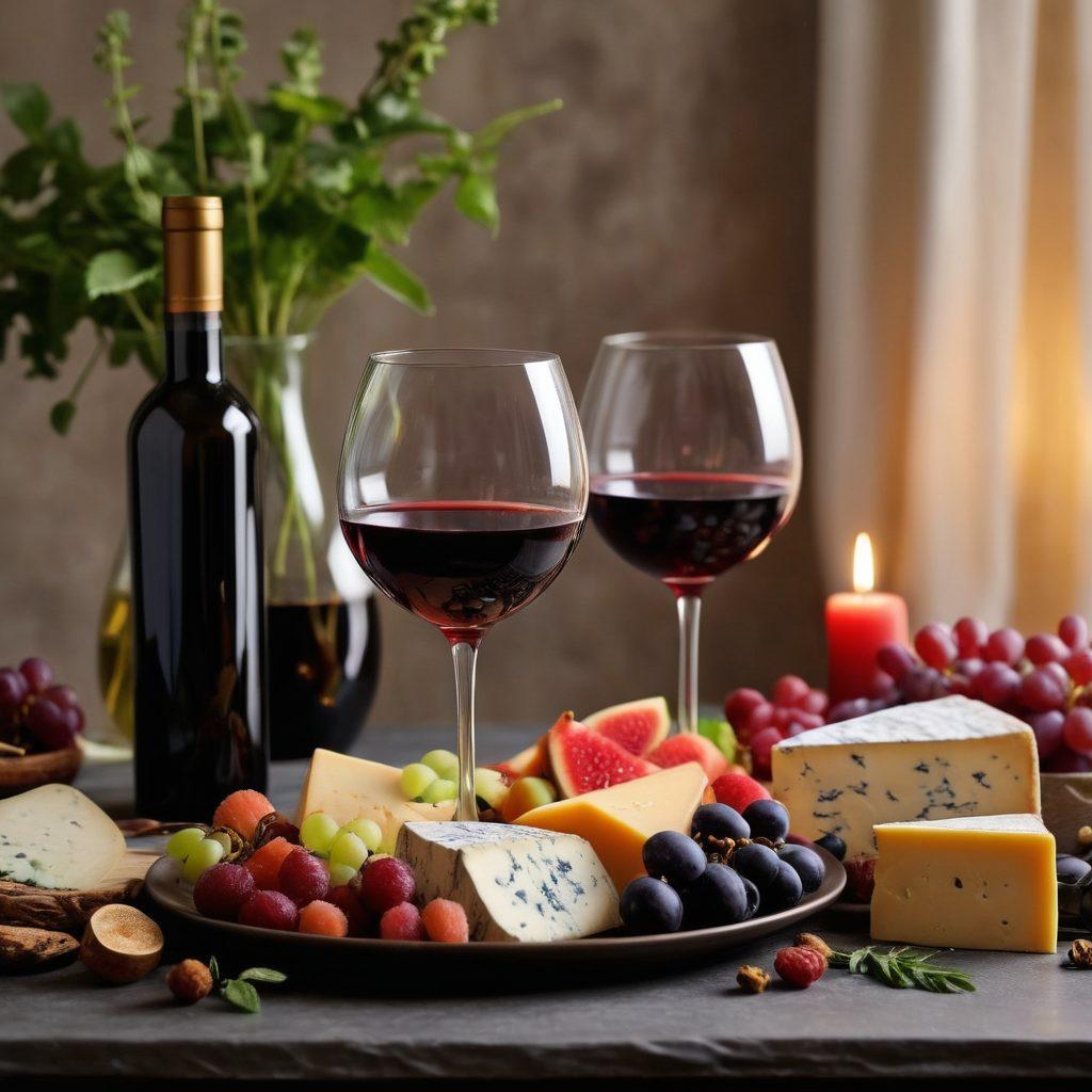 A beautifully arranged table setting featuring an elegant wine glass filled with a deep red wine, paired with a plate of gourmet cheeses and fresh fruits. Surrounding the table are aromatic essential oil bottles and delicate diffusers releasing soothing scents into the air. Soft candlelight creates a warm ambiance, enhancing the calming atmosphere of the scene. Lush grapevines and herbs lightly frame the background, adding a touch of nature. super-realistic. vibrant colors. elegant ambiance.