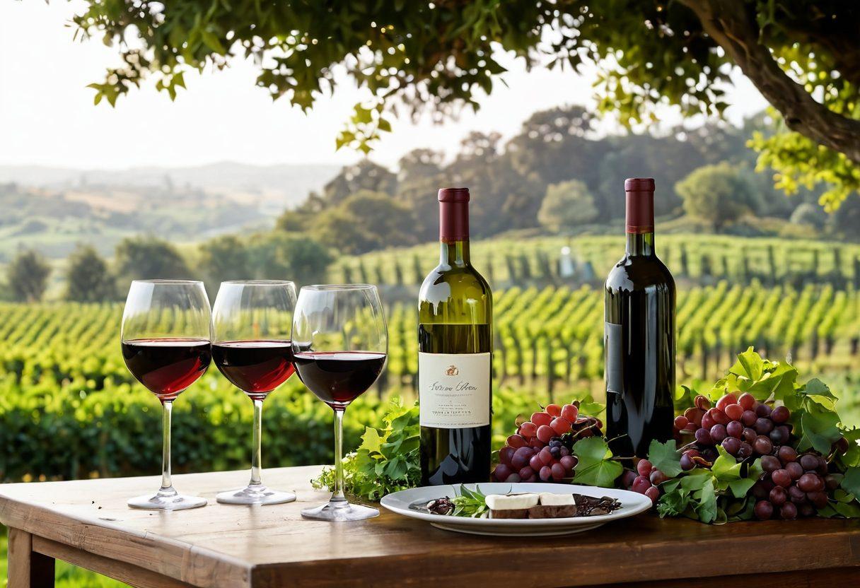 A serene and elegant setting featuring a beautifully arranged table with vibrant wine glasses filled with rich red and white wines alongside aromatic essential oil bottles. Lush greenery surrounds the scene, and soft, warm lighting casts a cozy glow over the luxurious ambiance. In the background, a subtle hint of a vineyard landscape and aromatic herbs create a calming atmosphere. The overall scene should evoke a sense of relaxation and indulgence. super-realistic. vibrant colors. warm lighting.